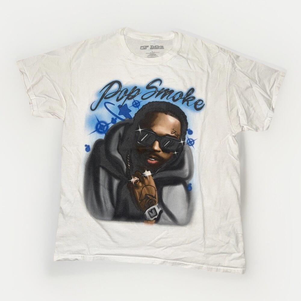 Pop Smoke Tribute Airbrush T-Shirt White Large 21x27 Hip Hop Rap Tee Memorial